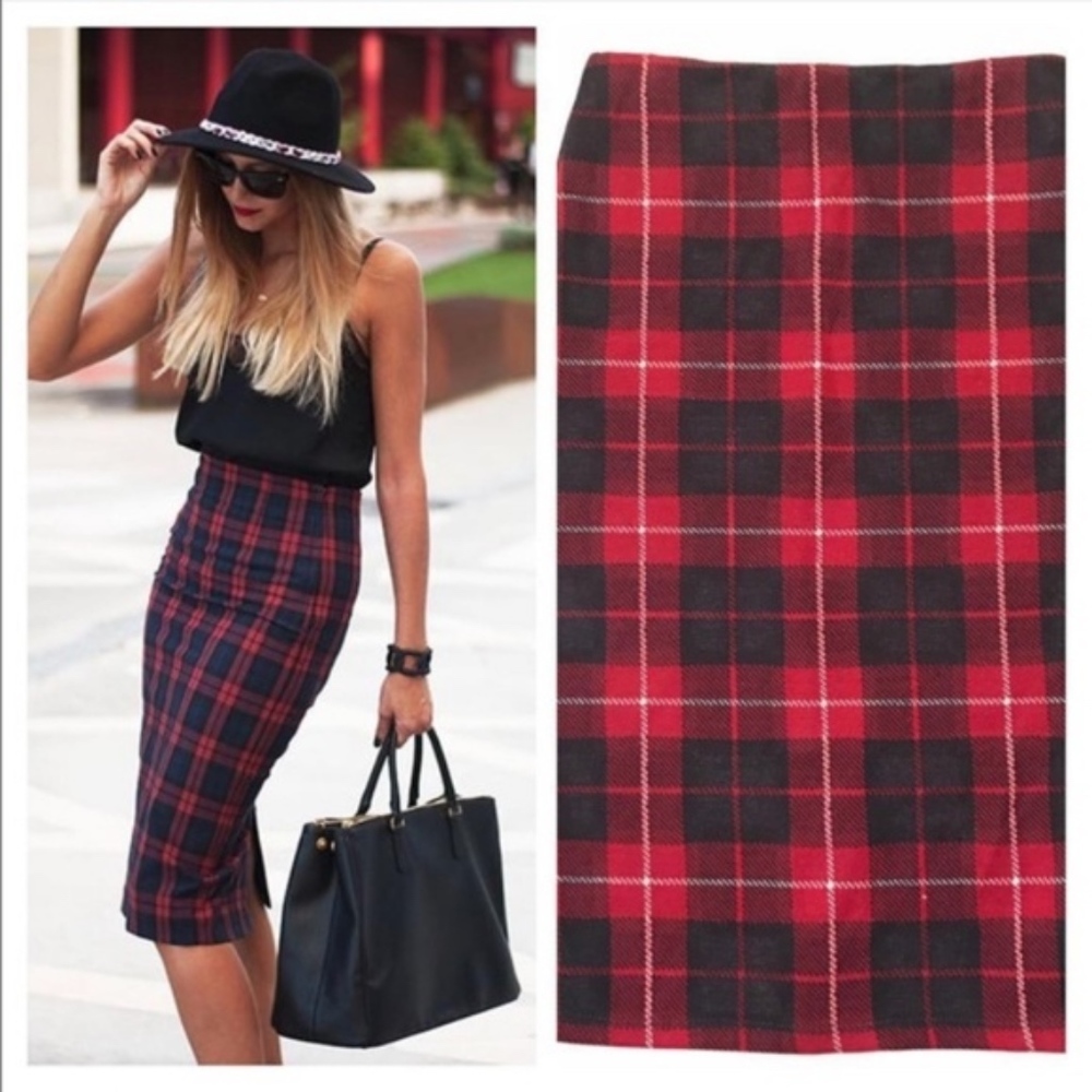 ZARA Plaid Pencil Midi Skirt Small Red Navy White